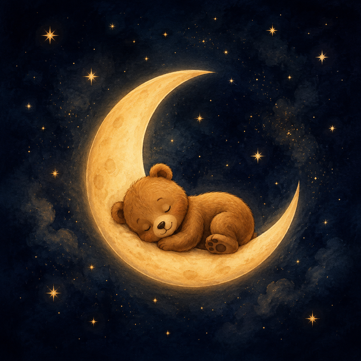 Ilustração de um ursinho dormindo sobre uma lua dourada entre estrelas